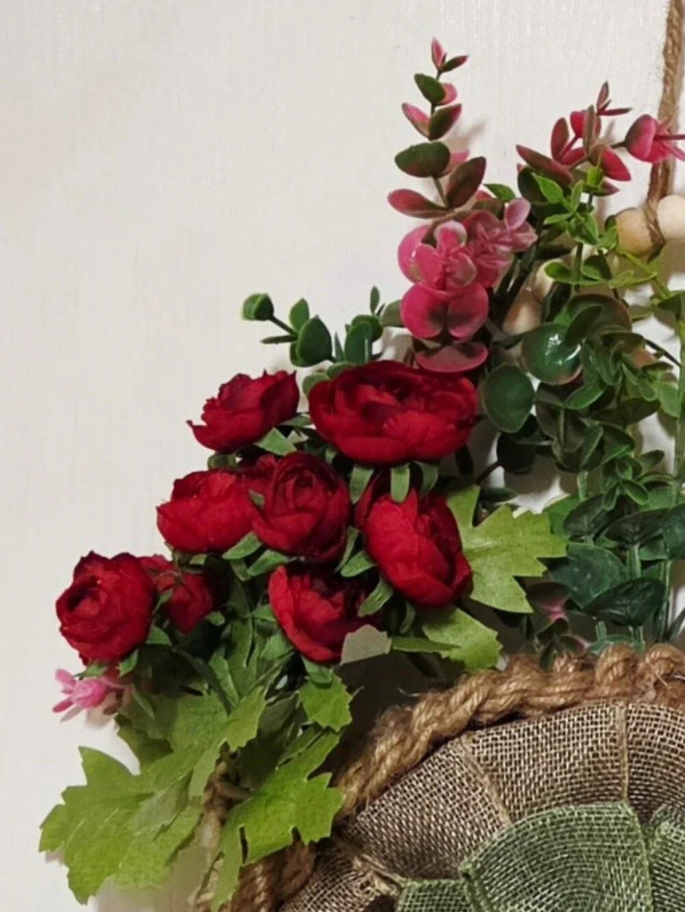 Floral Double-Beaded Hoop Wreath Featuring Red Roses and Green Burlap Flower